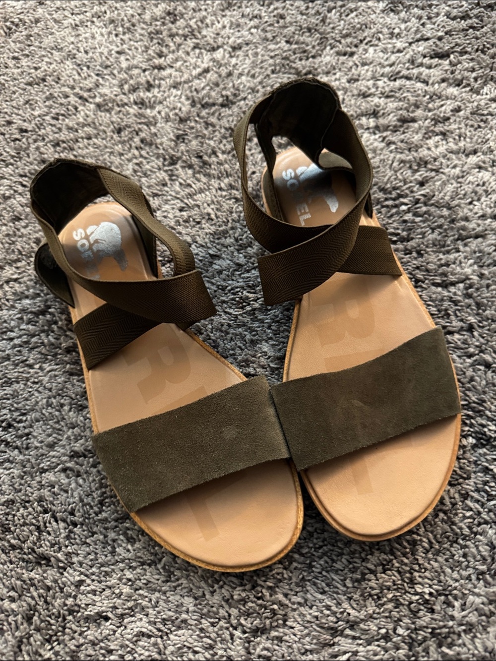 Sorel Olive Green Suede Strap Cross-Ankle Sandals